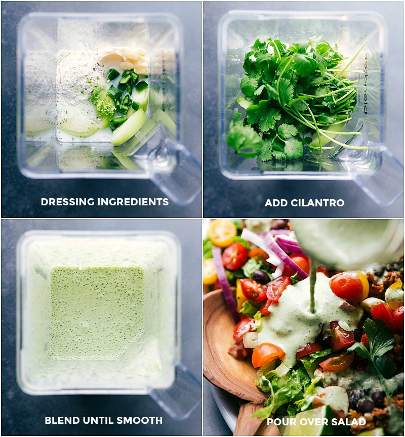 Overhead image of the dressing for this salad being made in the blender. 