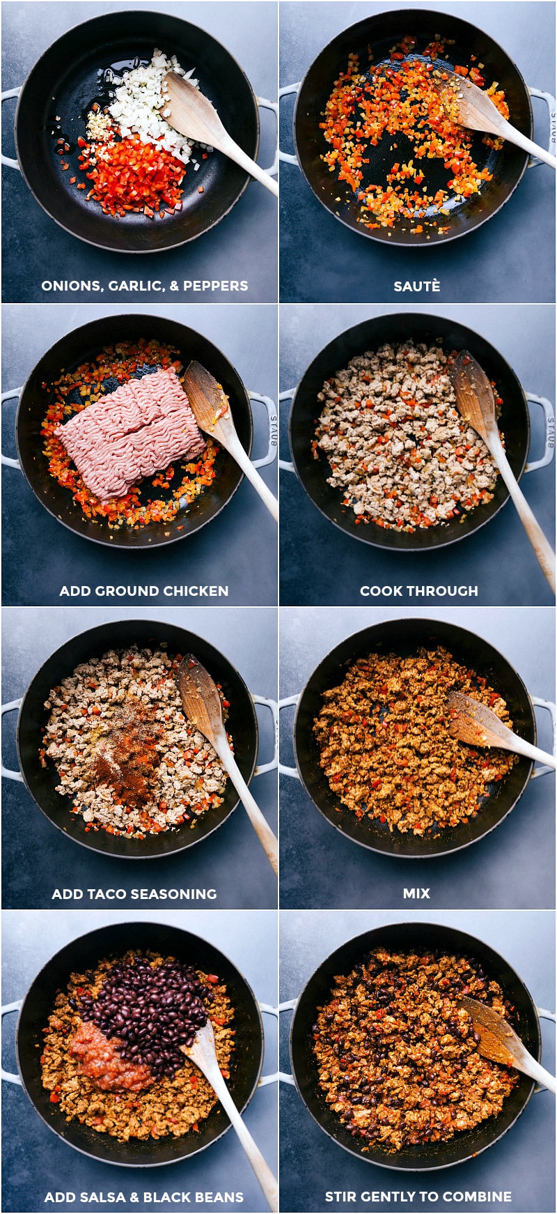 Sautéing veggies in a pan with meat being added for preparation.