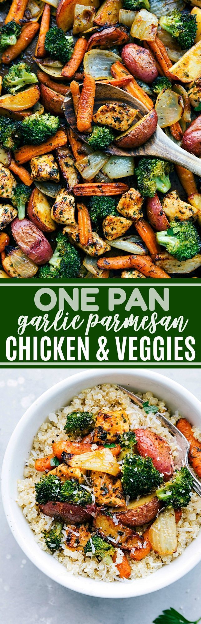 Healthy and delicious Meal Prep!!! ONE PAN Garlic Parmesan Chicken and Veggies. Healthy and hearty! Recipe via chelseasmessyapron.com
