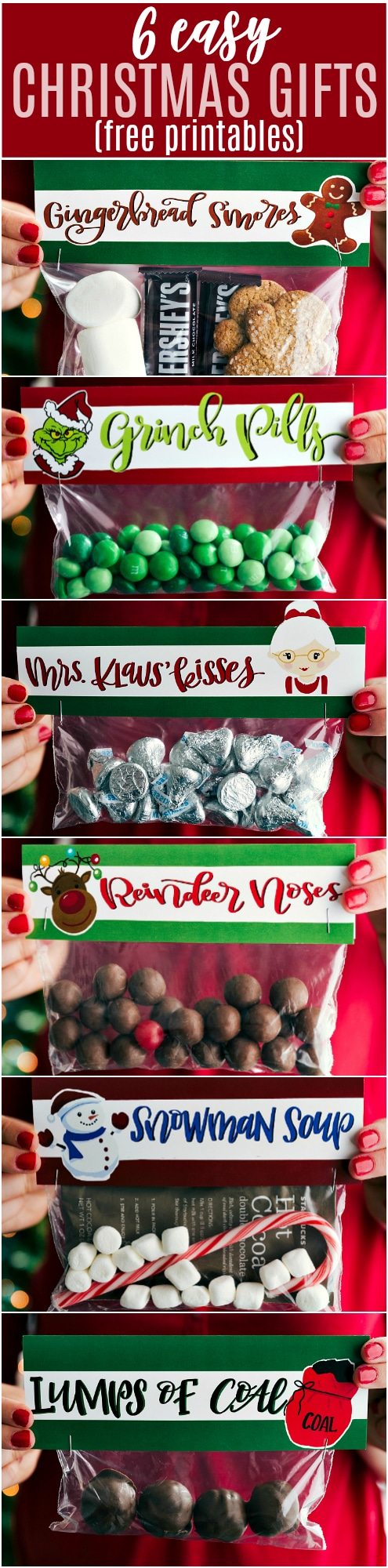 EASY CHRISTMAS GIFTS AND FREE PRINTABLES | 6 of the easiest Christmas gifts ever! These candies/treats are put in a snack-size ziplock bag and you can staple on the FREE printable bag toppers! chelseasmessyapron.com