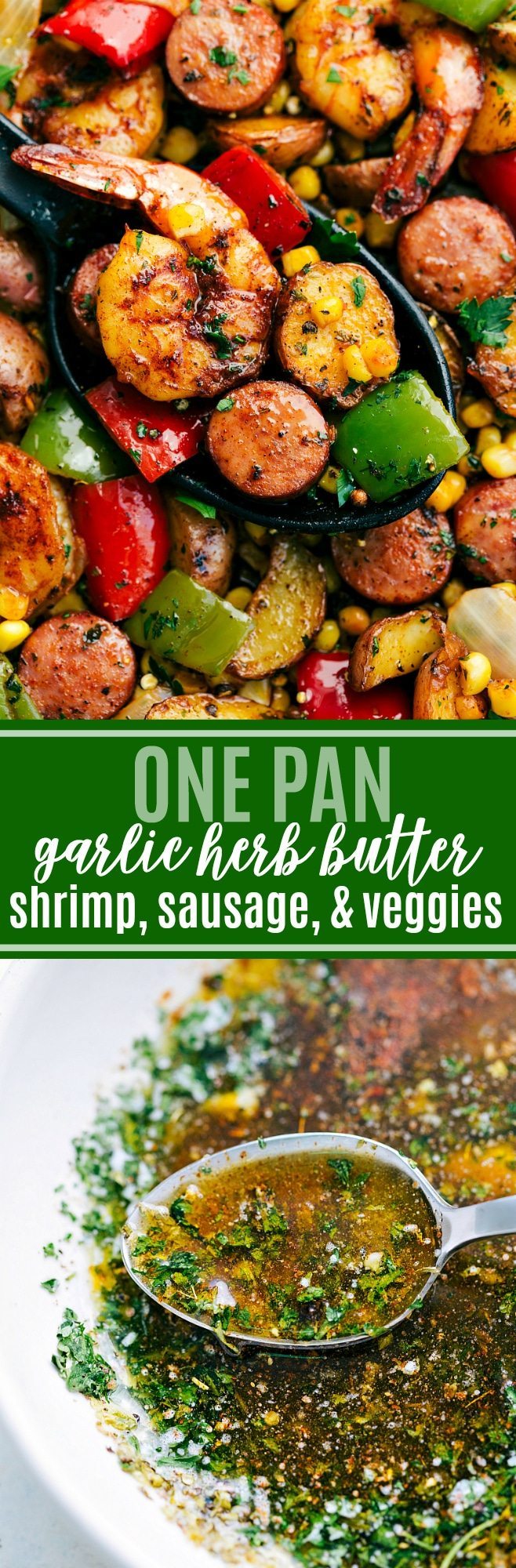 AMAZING One pan easy dinner -- garlic butter and herb seasoned shrimp, sausage, and potatoes via chelseasmessyapron.com