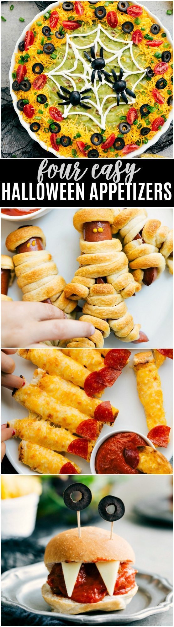 Four easy, & creative Halloween appetizers that are so delicious -- Spiderweb 7-Layer Dip, Walking Dead Mummy Dogs, Monster Meatball Sliders, & Cheesy Monster Fingernail Bread. via chelseasmessyapron.com