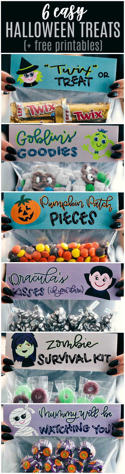 6 fun and festive easy Halloween bags filled with delicious treats! These candies/treats are put in a snack-size ziplock bag and you can staple on the FREE printable bag toppers! via chelseasmessyapron.com #halloween #gift #favor #party #dessert #candy #treat #easy #quick #free #printable #witch #pumpkin #dracula #zombie #mummy #ghost #skeleton #monster #zombies #kids #healthy #healthier #simple #fun #halloween #decor