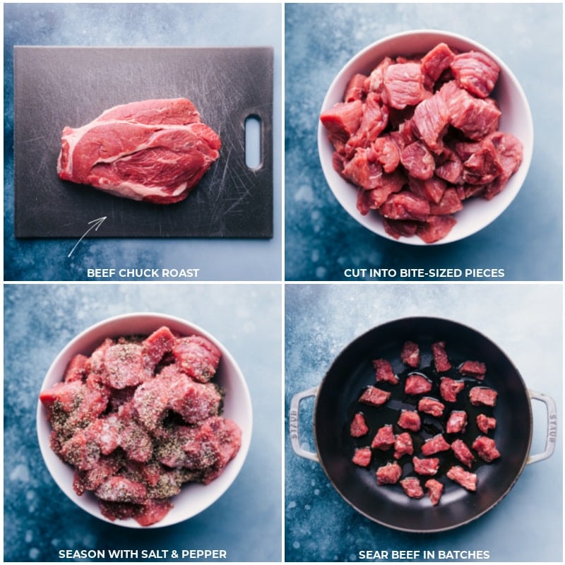 Process shots-- images of the chuck roast being cut into bite-sized pieces, seasoned with salt and pepper, and being seared.