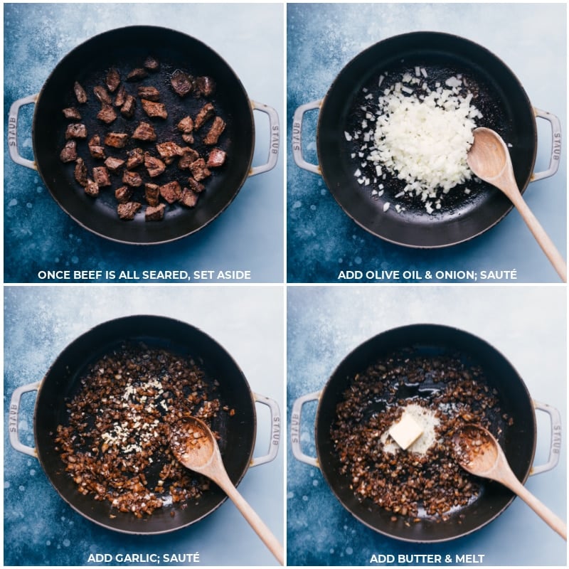 Process shots-- images of the beef being seared and the onion, garlic, and butter being added and cooked together