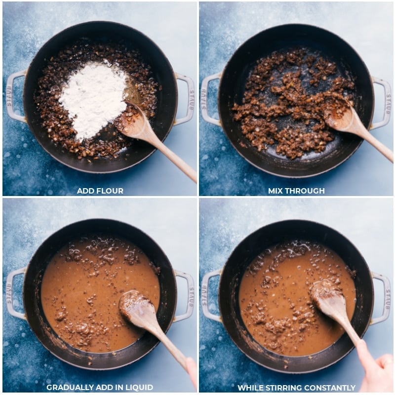 Process shots of the Crockpot Beef Stew-- images of the flour being added and liquid being gradually mixed in to make the gravy base