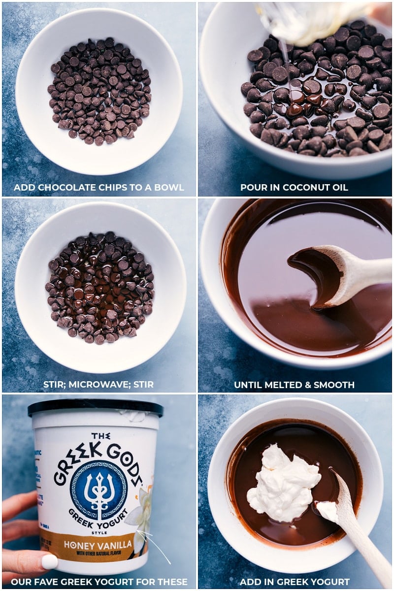 Process shots: images of the chocolate chips and coconut oil being melted and stirred together then adding Greek yogurt to the melted chocolate