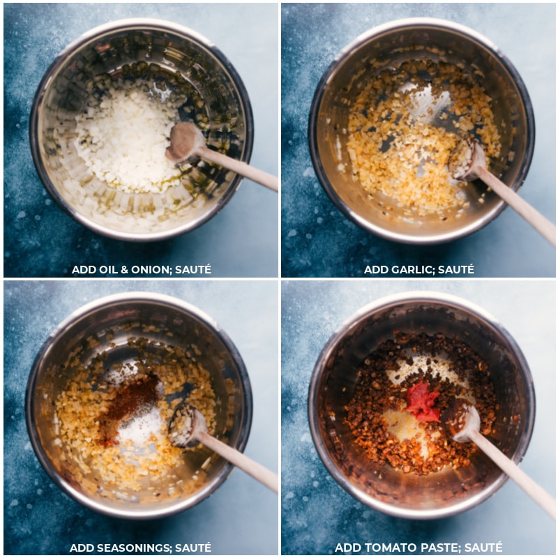 Process shots-- images of the oil, onion, garlic, seasonings, and tomato paste added to the instant pot