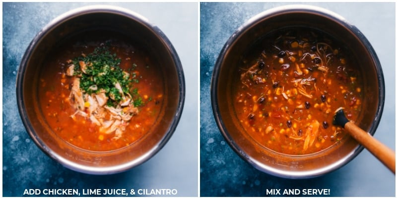 Process shots-- images of the chicken, lime juice, and cilantro being added to the instant pot and mixed together