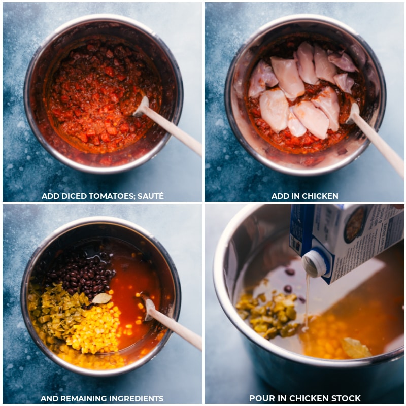 Process shots-- images of the diced tomatoes, chicken, chicken stock, and remaining ingredients being added to the instant pot