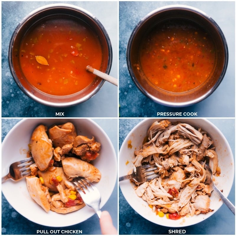 Process shots of instant pot chicken tortilla soup-- images of the chicken being pulled out and shredded