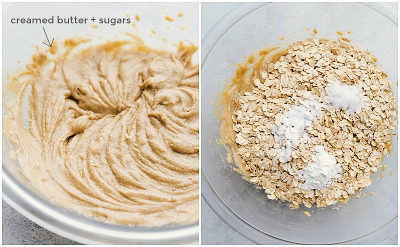 Process shot of creating oatmeal cookies with chocolate chips or raisins