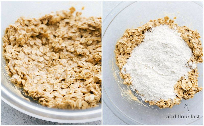Process shot of wet ingredients finished and the flour being added.