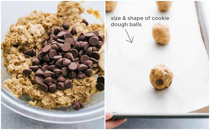 Process shots of creating Oatmeal Chocolate Chip Cookies -- left shows the dough and right how big to roll the cookie dough balls