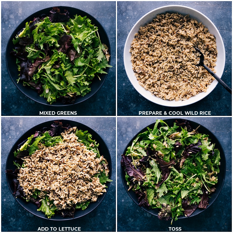 Process shots of wild rice salad-- images of the wild rice being added to mixed greens