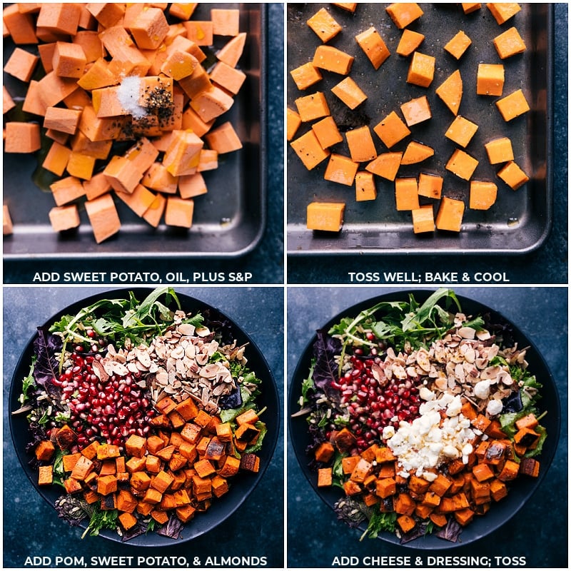 Process shots-- images of the sweet potatoes being roasted and then added to the dish along with all the other ingredients