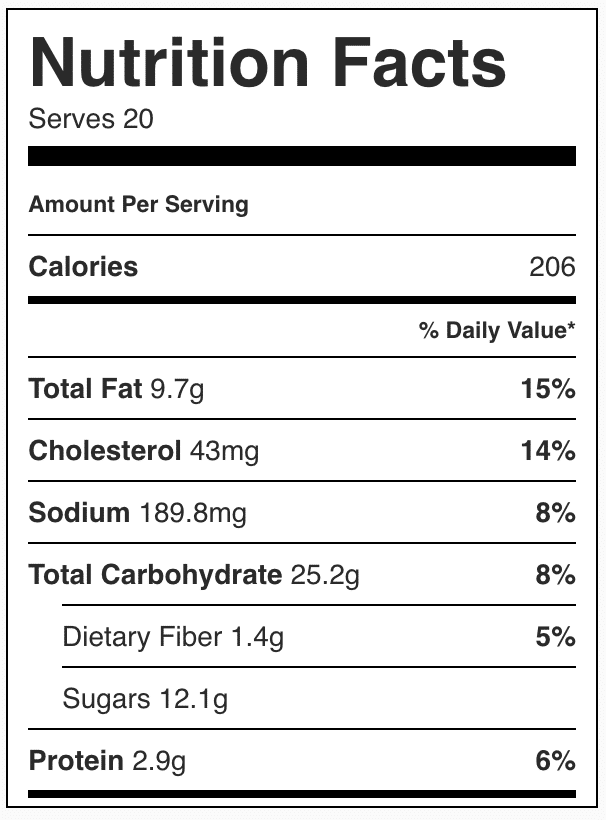 Nutrition facts for oatmeal chocolate chip cookies