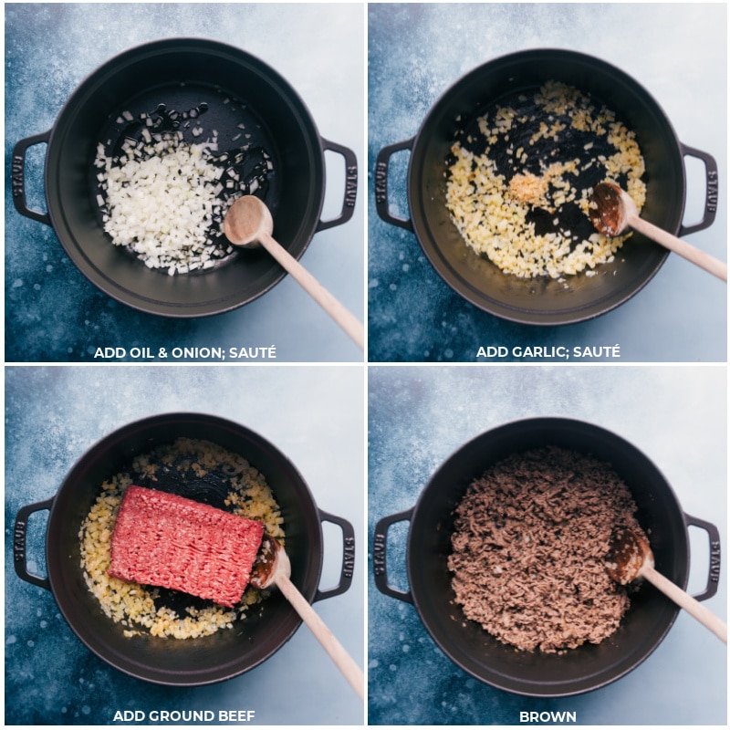 Process shots-- sautéing onion, garlic, and ground beef for Taco Chili.