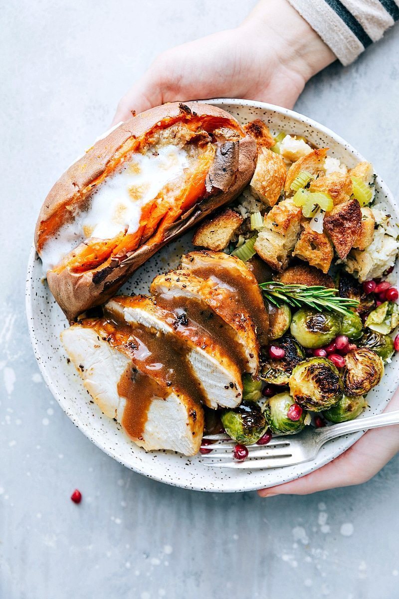 Overhead image of Thanksgiving Dinner on a plate, ready to be eaten.