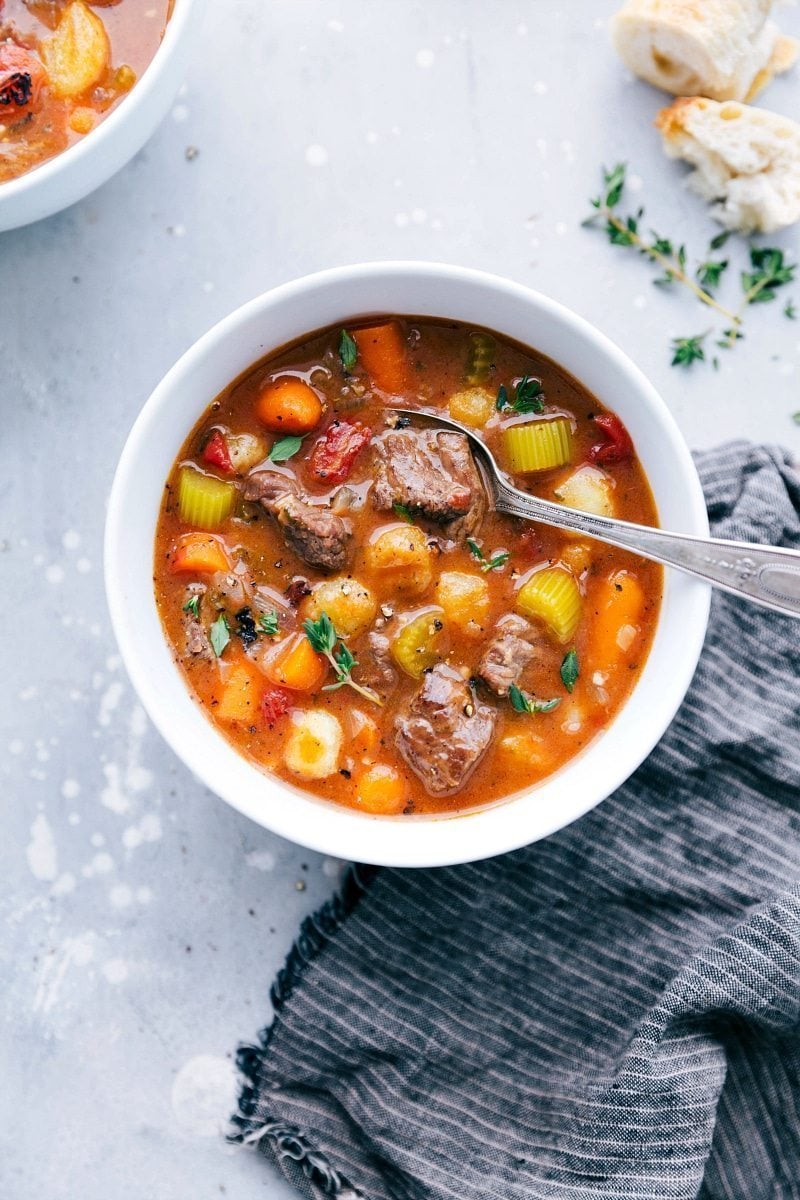 Overhead image of the Crockpot Beef Stew in a bowl, ready to be eaten