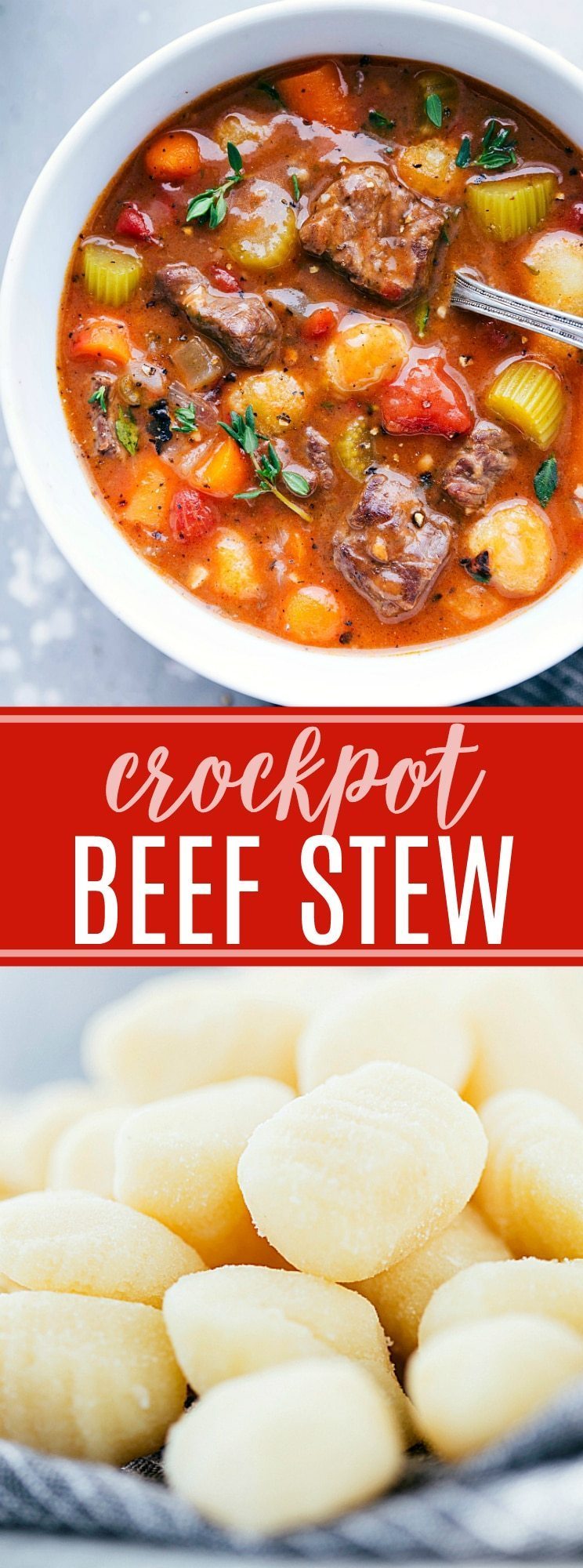 The ultimate BEST EVER crockpot beef stew with gnocchi! Recipe via chelseasmessyapron.com | #beef #stew #crockpot #slowcooker #gnocchi #best #dinner #soup #easy #delicious #familyfriendly #carrots #celery