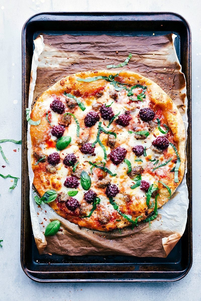 30-minute blackberry basil and sausage pizza | chelseasmessyapron.com | #pizza #blackberry #basil #easy #quick #familyfriendly #dinner #easy #healthy #health #blackberry #basil #pizza