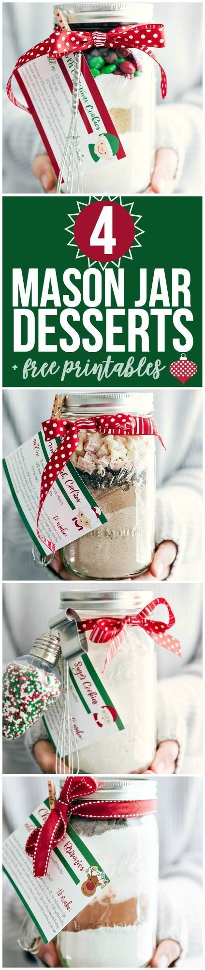 Four easy CHRISTMAS MASON JAR desserts with instructions and free printables. Perfect gifts for family, friends, teachers, etc. Video tutorial! via chelseasmessyapron.com