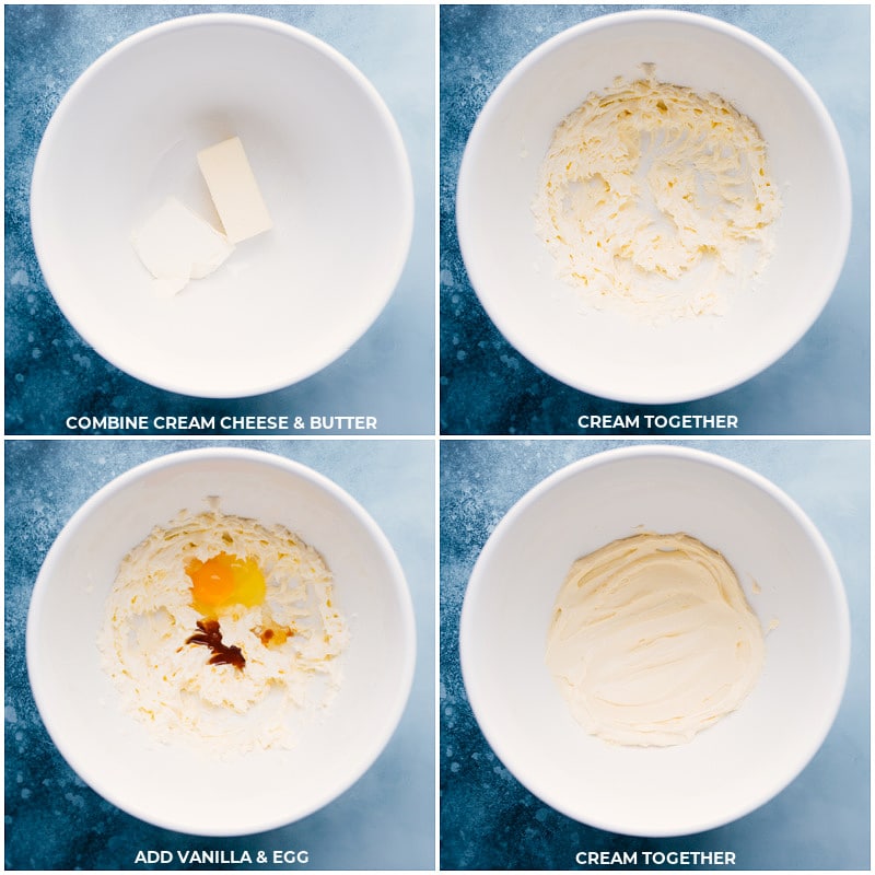 Process shots-- images of the cream cheese and butter being whipped together, then the vanilla and egg being added
