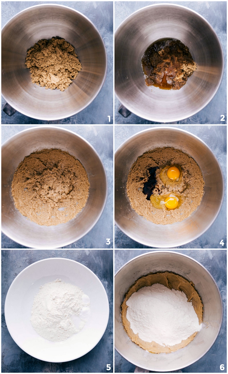 Cookie dough preparation: ingredients being combined and mixed into a smooth batter.