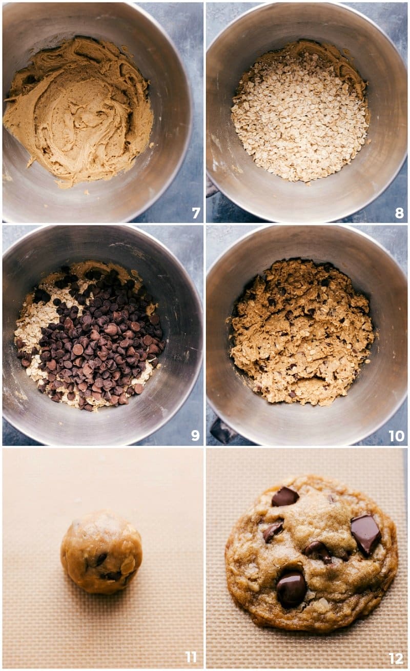 Oats and chocolate chips being incorporated into the browned butter chocolate chip cookies dough, mixed thoroughly, rolled into balls, and positioned on baking sheets.