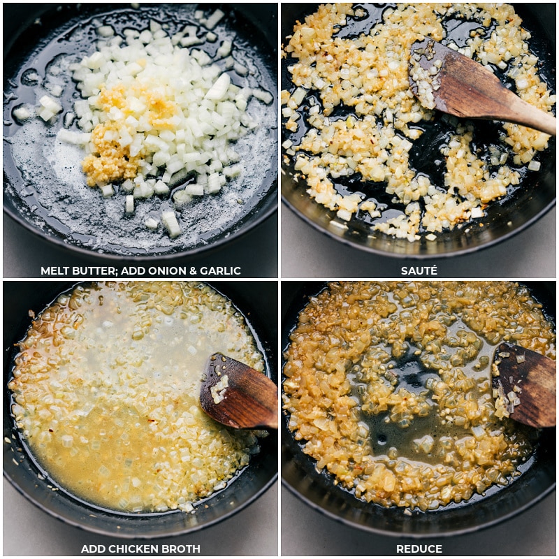 Process shots of creamy tuna pasta-- images of the butter, onion, garlic, and chicken broth being added to a pan
