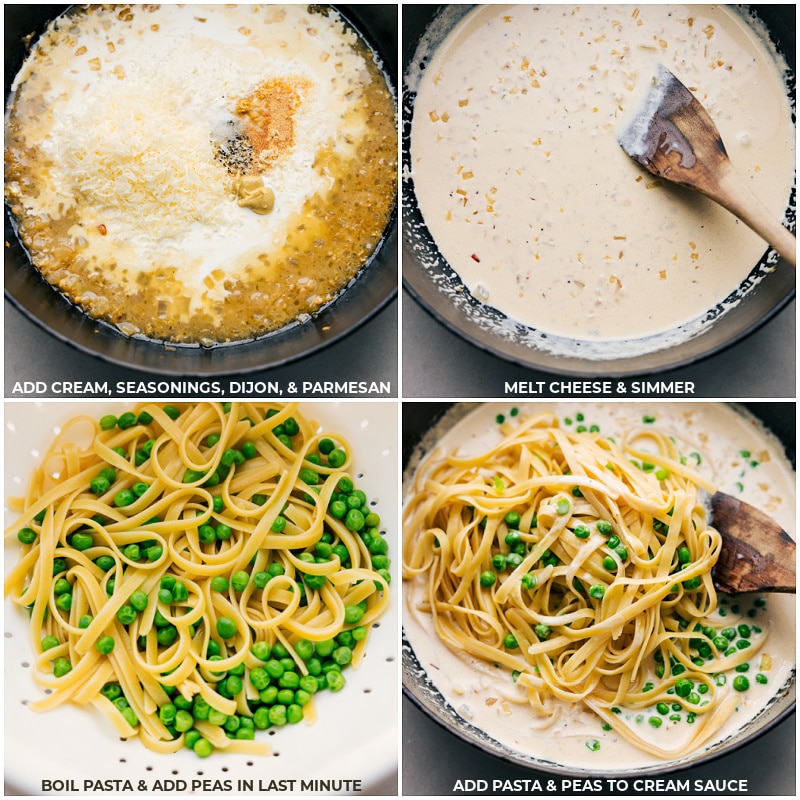 Process shots-- images of the cream, seasonings, dijon, parmesan, pasta, and peas being added into the pot