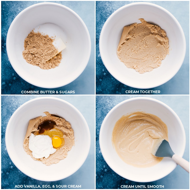 Process shots-- images of the butter, sugar, vanilla, egg, and sour cream being creamed together