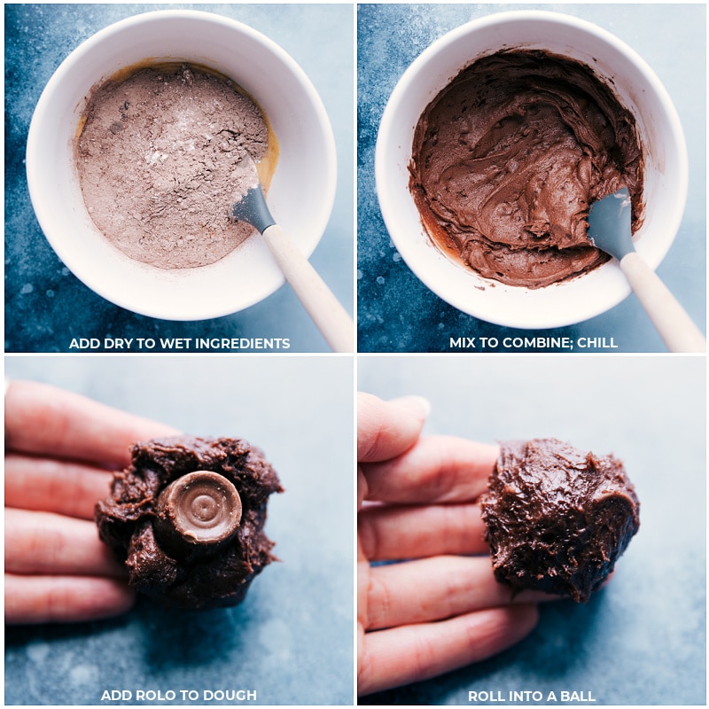 Process shots of these chocolate caramel cookies-- images of the wet and dry ingredients being combined and the dough being rolled in balls and Rolo being added in the middle