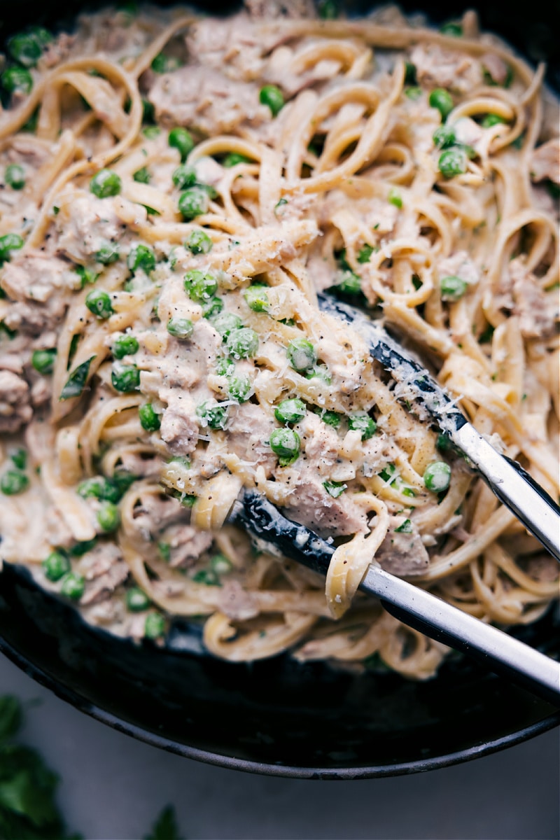 Overhead image of the creamy tuna pasta ready to be enjoyed