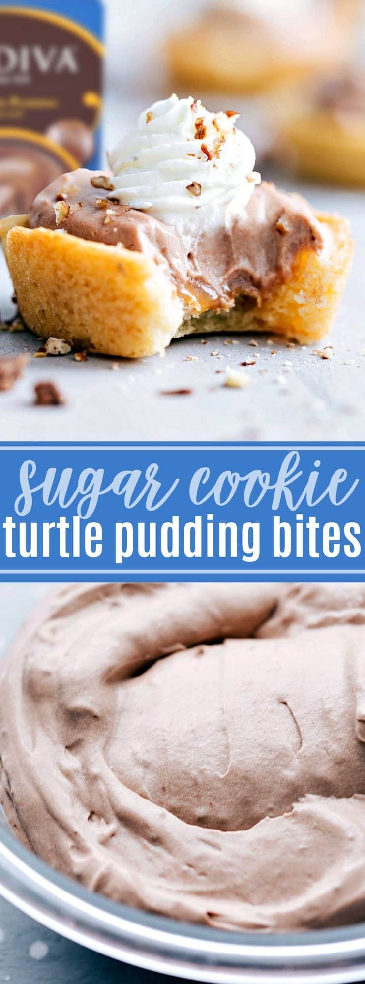 The ultimate BEST EVER TURTLE PUDDING BITES made in a sugar cookie cup! Only SIX ingredients! chelseasmessyapron.com #dessert #sugar #cookie #pudding #bites #turtle #easy #quick #familyfriendly #popular