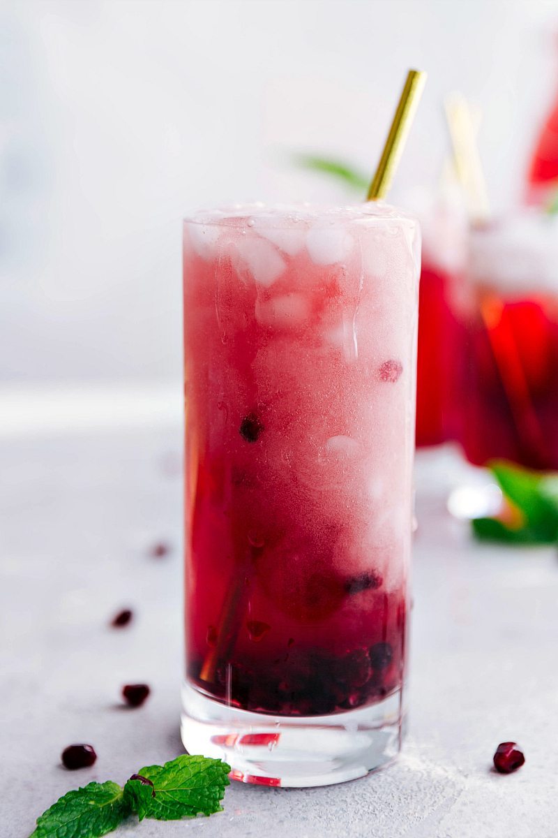Sparkling pomegranate lemonade in a glass.