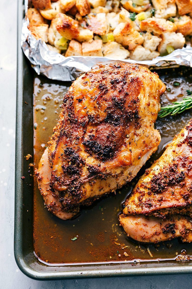 Up-close image of the cooked turkey on the sheet pan.