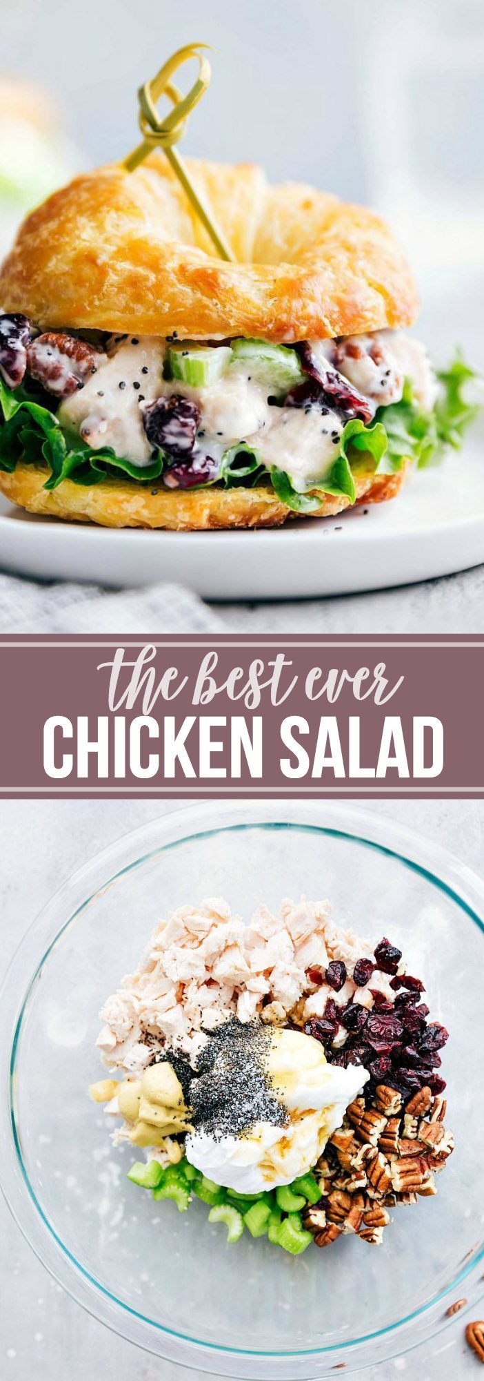 The BEST EVER chicken salad sandwiches! Perfect for the holidays to serve as an appetizer! | chelseasmessyapron.com | #chicken #salad #sandwiches #appetizer #lunch #sandwich #holiday #entertaining #fingerfoods #finger #food #easy #quick #poppyseed #cranberry #celery #rotisseriechicken
