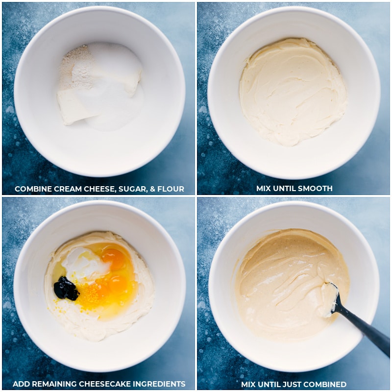 Process shots-- images of the cream cheese, sugar, and flour being mixed together, then the remaining cheesecake ingredients being added and all mixed together