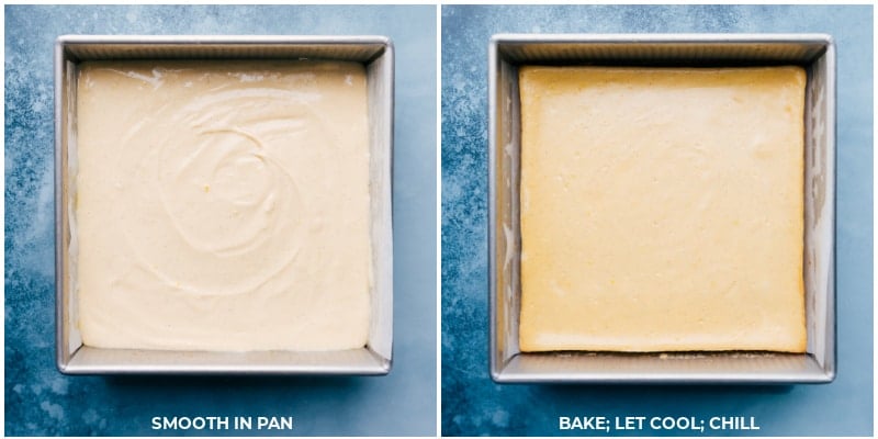 Images of the vanilla cheesecake bars being baked