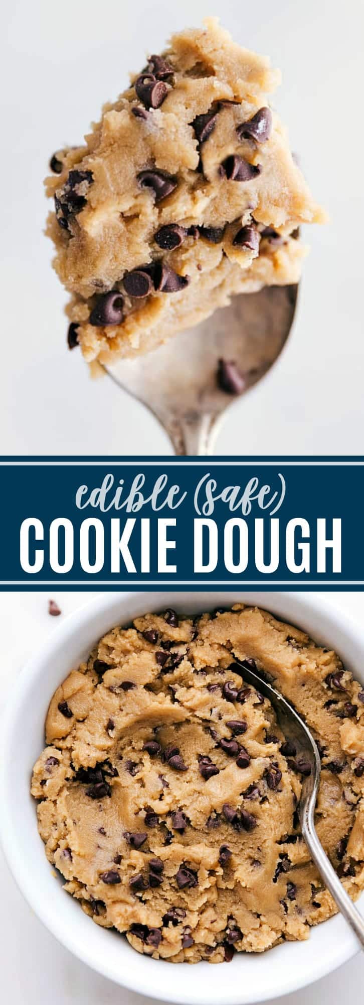 A delicious, classic chocolate chip edible cookie dough you can safely eat without baking! via chelseasmessyapron.com #cookie #dough #edible #easy #quick #chocolate #chip #safe #recipe #holiday #baking #bake