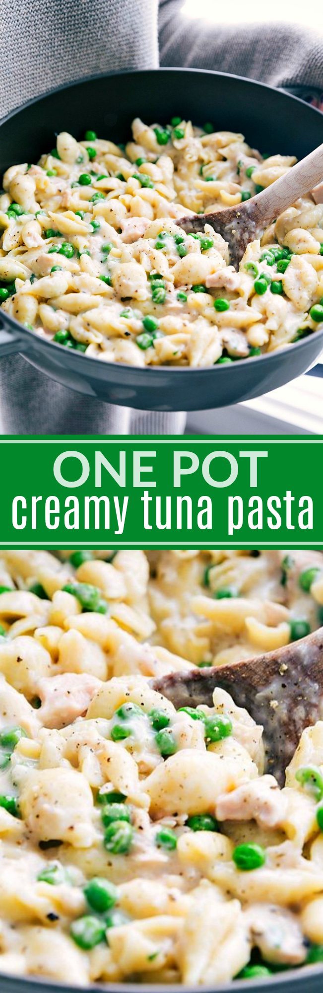 The best and easiest ONE POT creamy tuna pasta! A super easy and quick ONE DISH dinner! via chelseasmessyapron.com | #tuna #creamy #pasta #onepan #onepot #easy #quick #peas #comfort #food #recipe #recipes