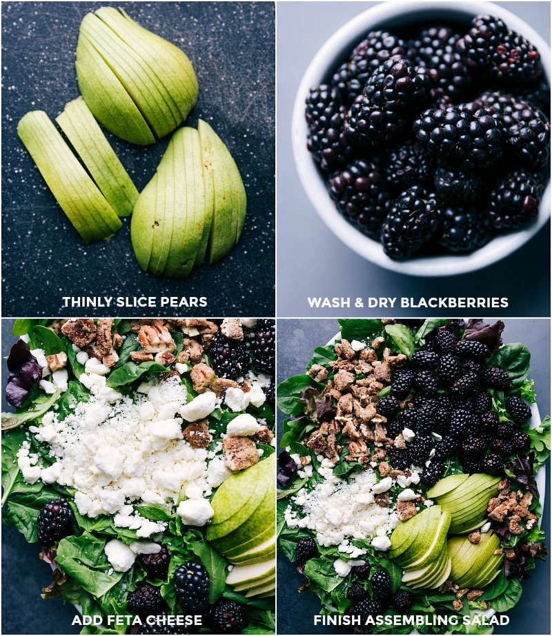 Thin slices of pears and fresh blackberries prepared for a salad, with added feta cheese, leading to the salad's final assembly.