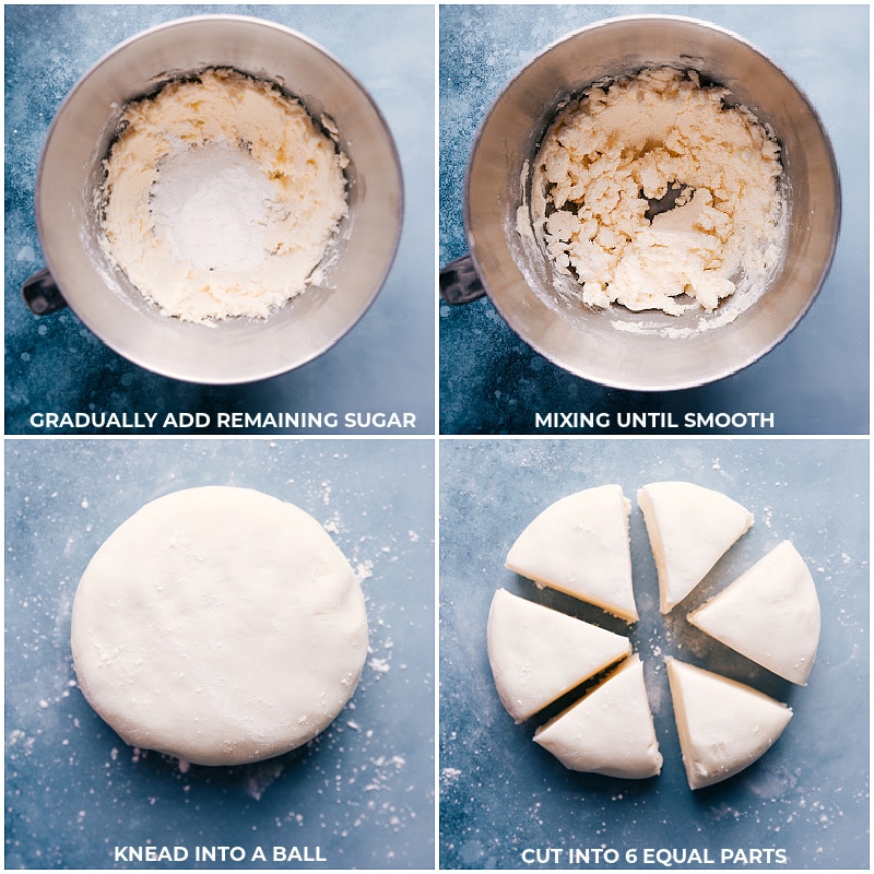 Process shot of butter mints: add sugar, mix until smooth; knead into a ball; cut into wedges