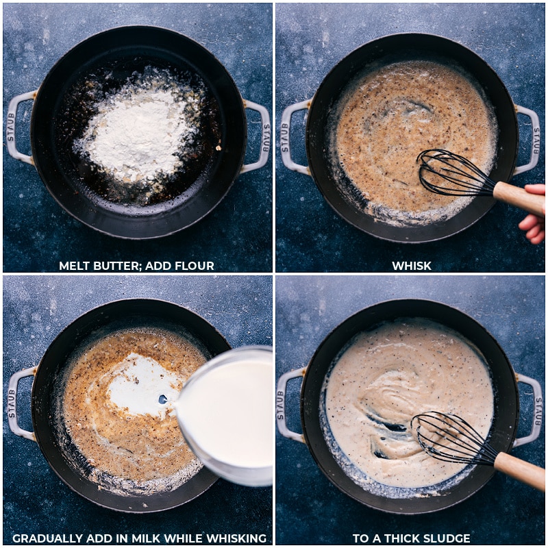 Process shots-- images of butter, flour, and milk being added and whisked together