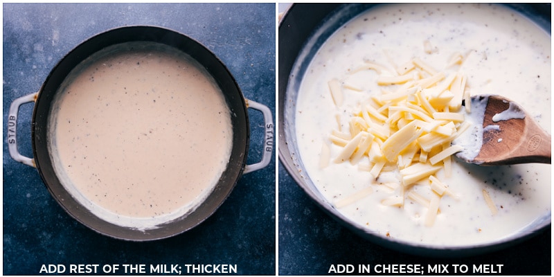 Process shots of Philly cheesesteak pasta-- images of the provolone cheese being added to the pan