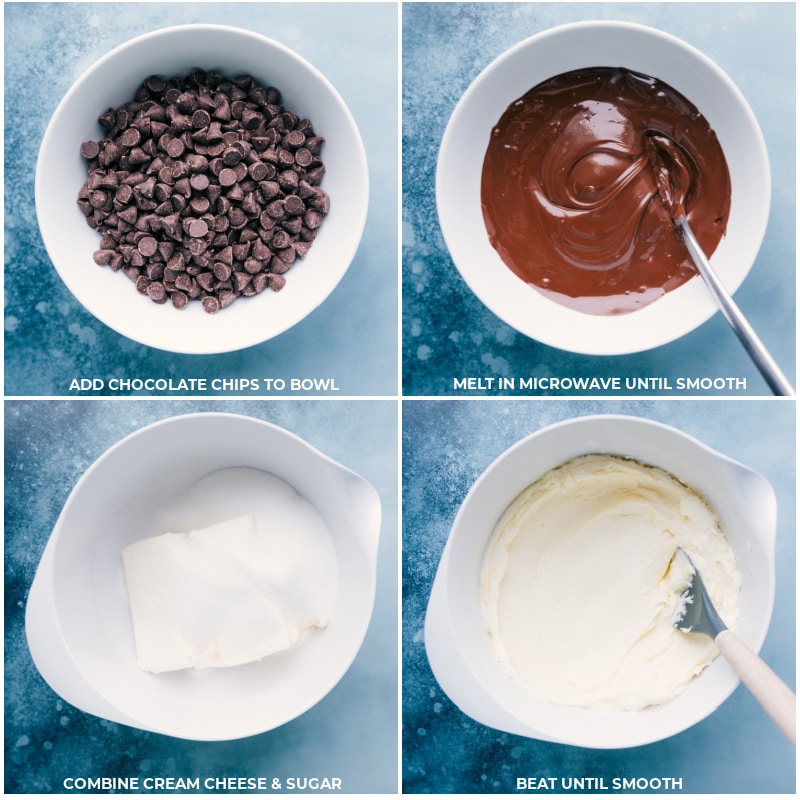 Process shots-- images of the Chocolate Cheesecake filling being made by melting chocolate chips and combining cream cheese and sugar