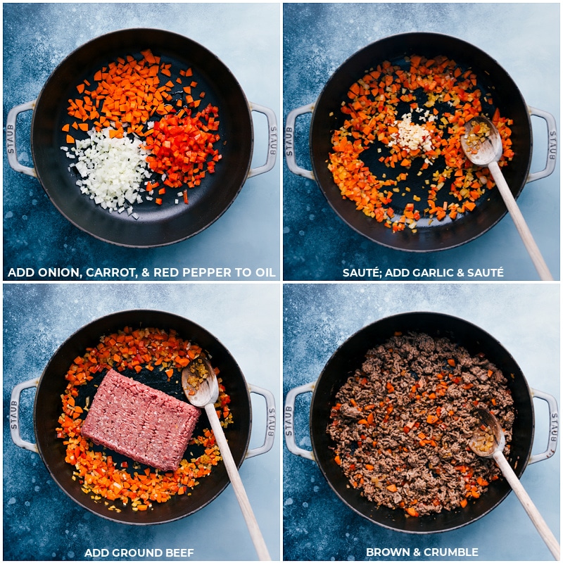 Process shots--sautéing the veggies; adding the ground beef; browning and crumbling the meat.