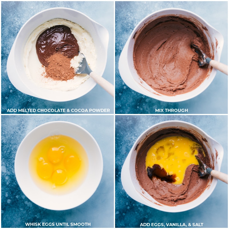 Process shots-- images of the melted chocolate and cocoa powder being added to the cream cheese sugar mixture and eggs, vanilla, and salt being added on top